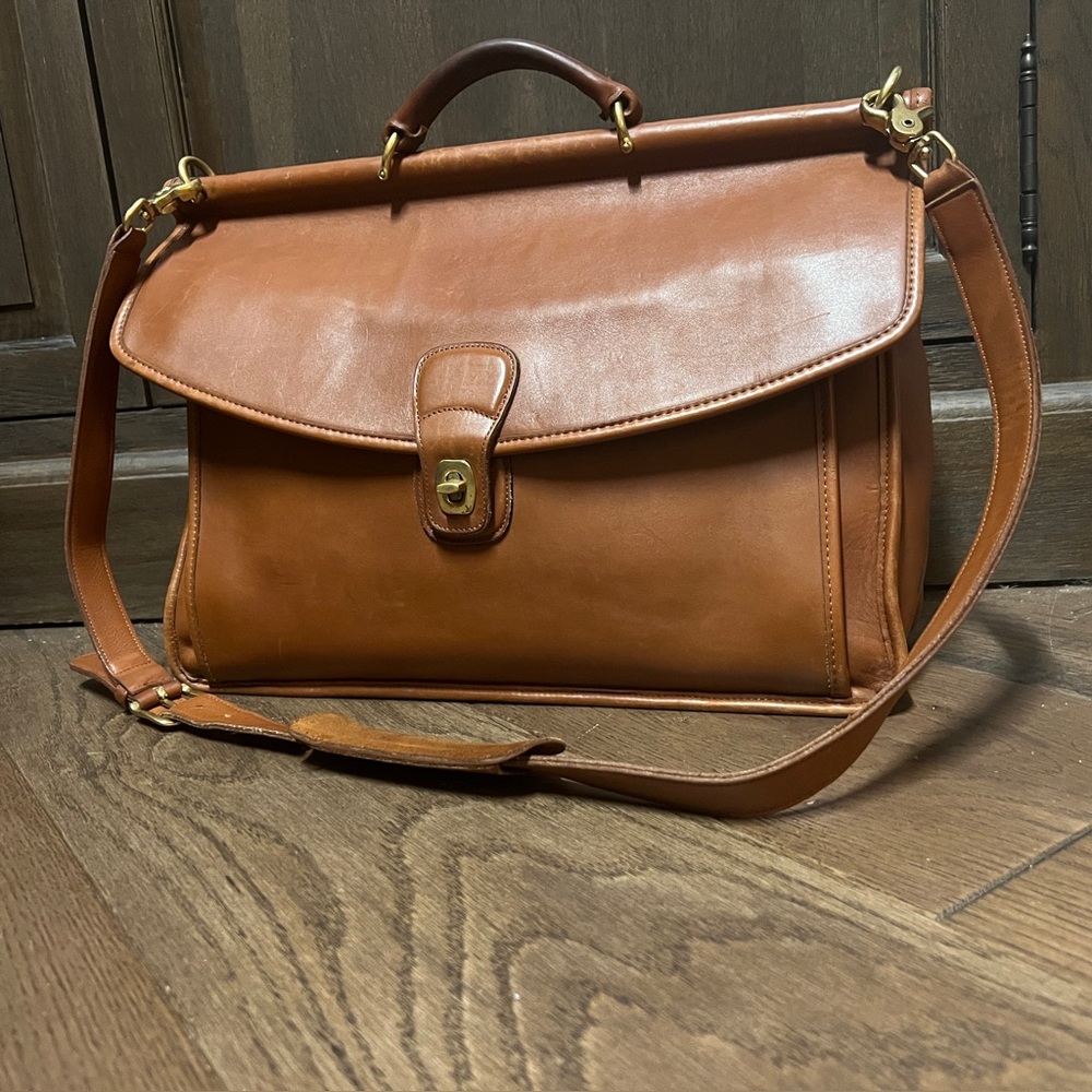 Coach British tan Leather Briefcase with Adjustable Strap and Flap brass Closure